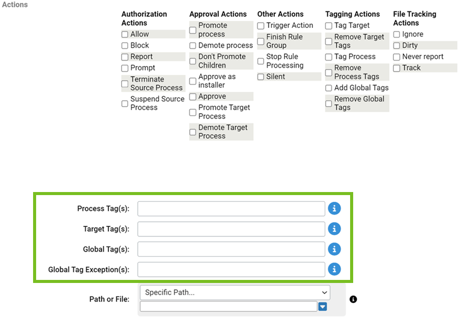 The Actions list for an Expert rule and the tags fields highlighted.