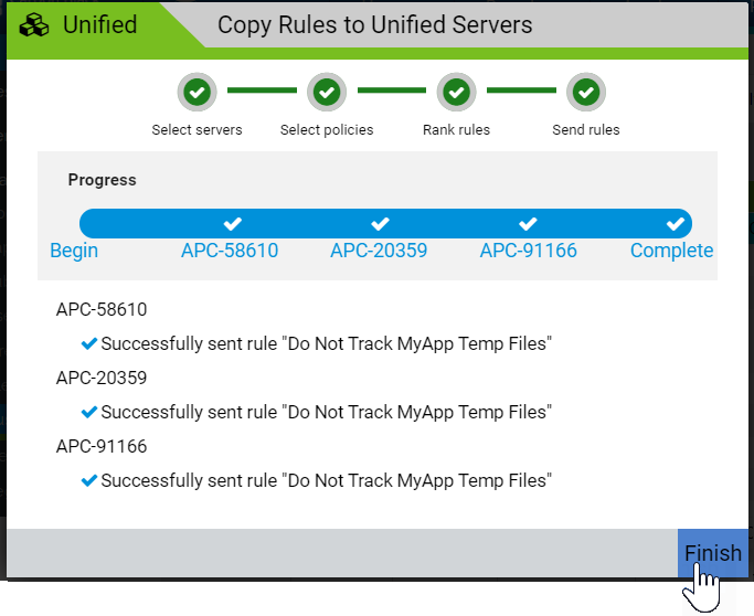 The completed copy process on the Copy Rules to Unified Servers wizard