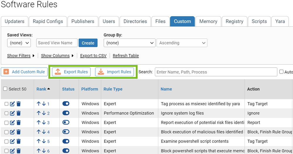 The location of the Export Rules and Import Rules buttons on the Custom tab of the Software Rules page