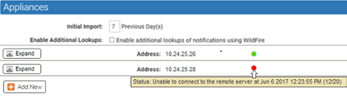 The Appliance panel showing the status indicator next to an appliance address