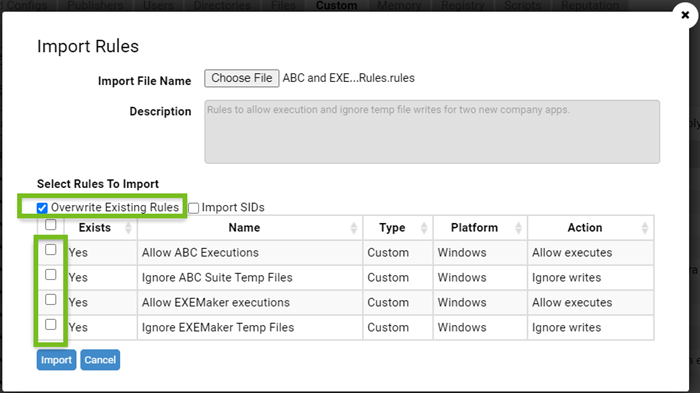 The Overwrite Existing Rules option, which allows you to import any of the listed rules.