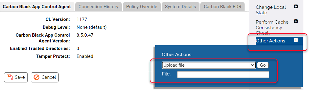 The Other Actions menu with the upload file dropdown menu selected