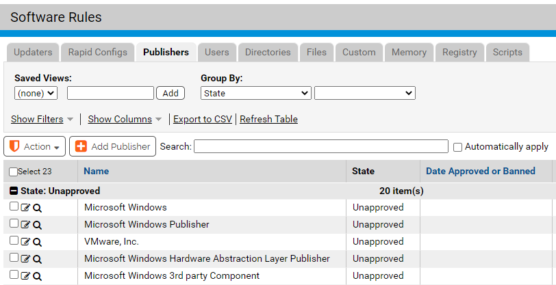 The Publishers tab on the Software Rules page