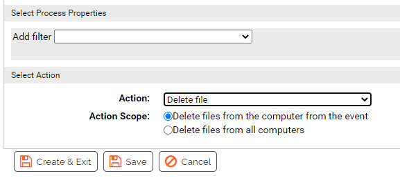 The Action Scope field showing the options for the Delete file action