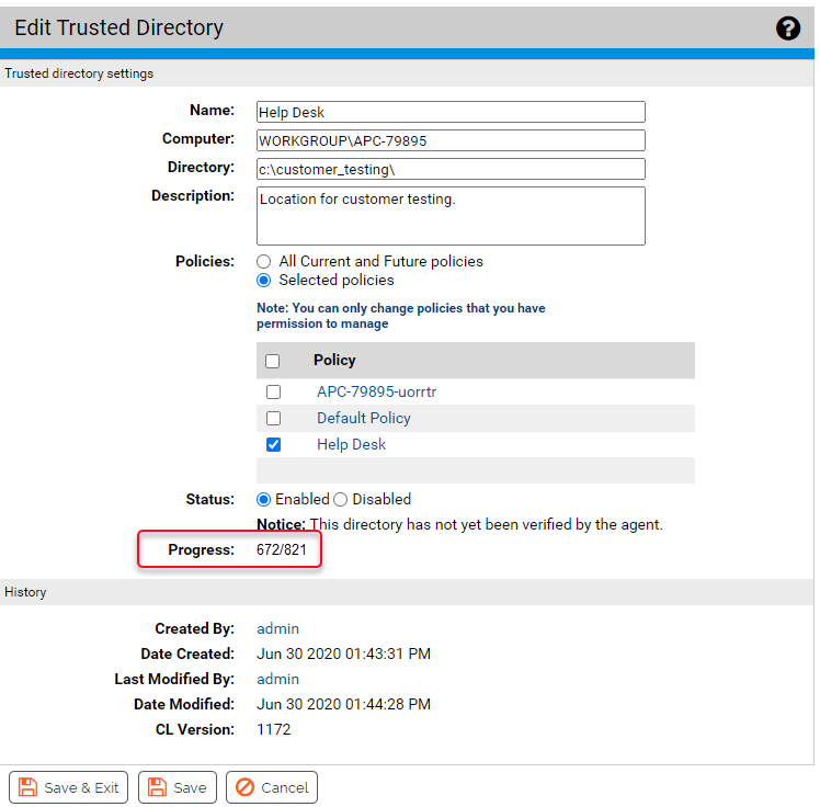 The Edit Trusted Directory page with the Progress field highlighted