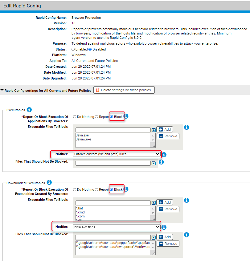 The Edit Rapid Config page showing the block and notifier fields selected in the Executbles settings and the Downloaded Executables settings