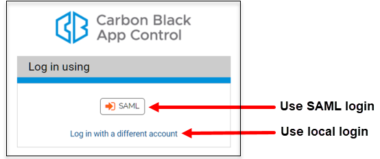 The SAML Login option on the Carbon Black App Control login page