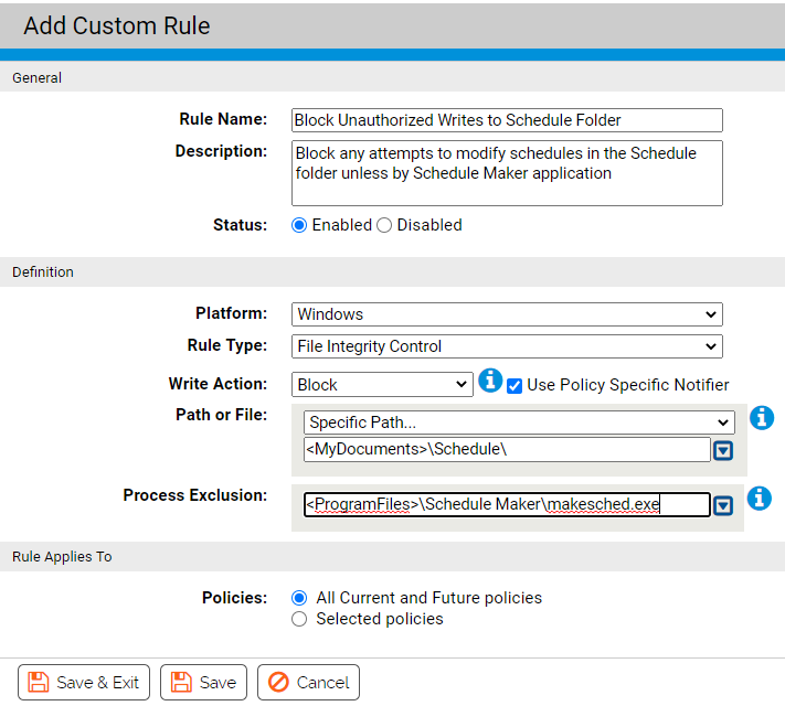 Example of adding a Custom rule with the File Integrity Control rule type.