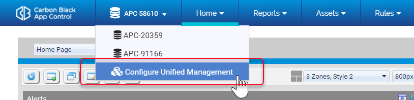 The Configure Unified Management dropdown option