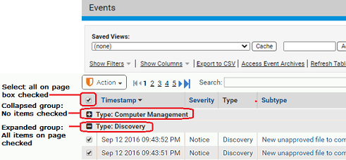 Grouping options on the Events page