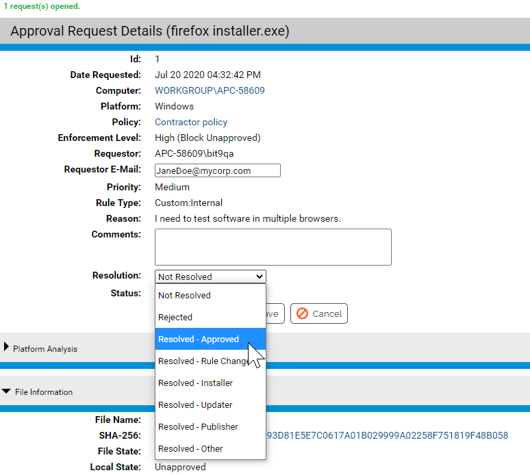The Approval Request Details page showing the Resolution menu with Resolved-Approved selected.