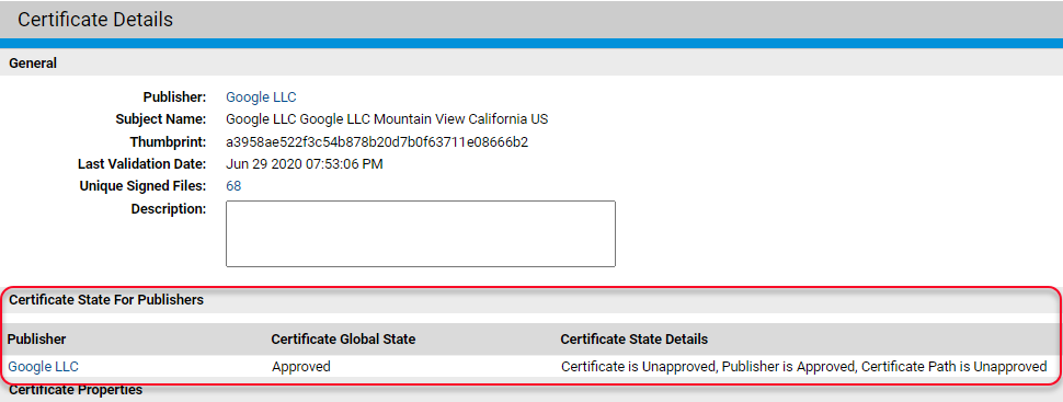 The Certificates Details page with the Certificate State for Publishers panel highlighted