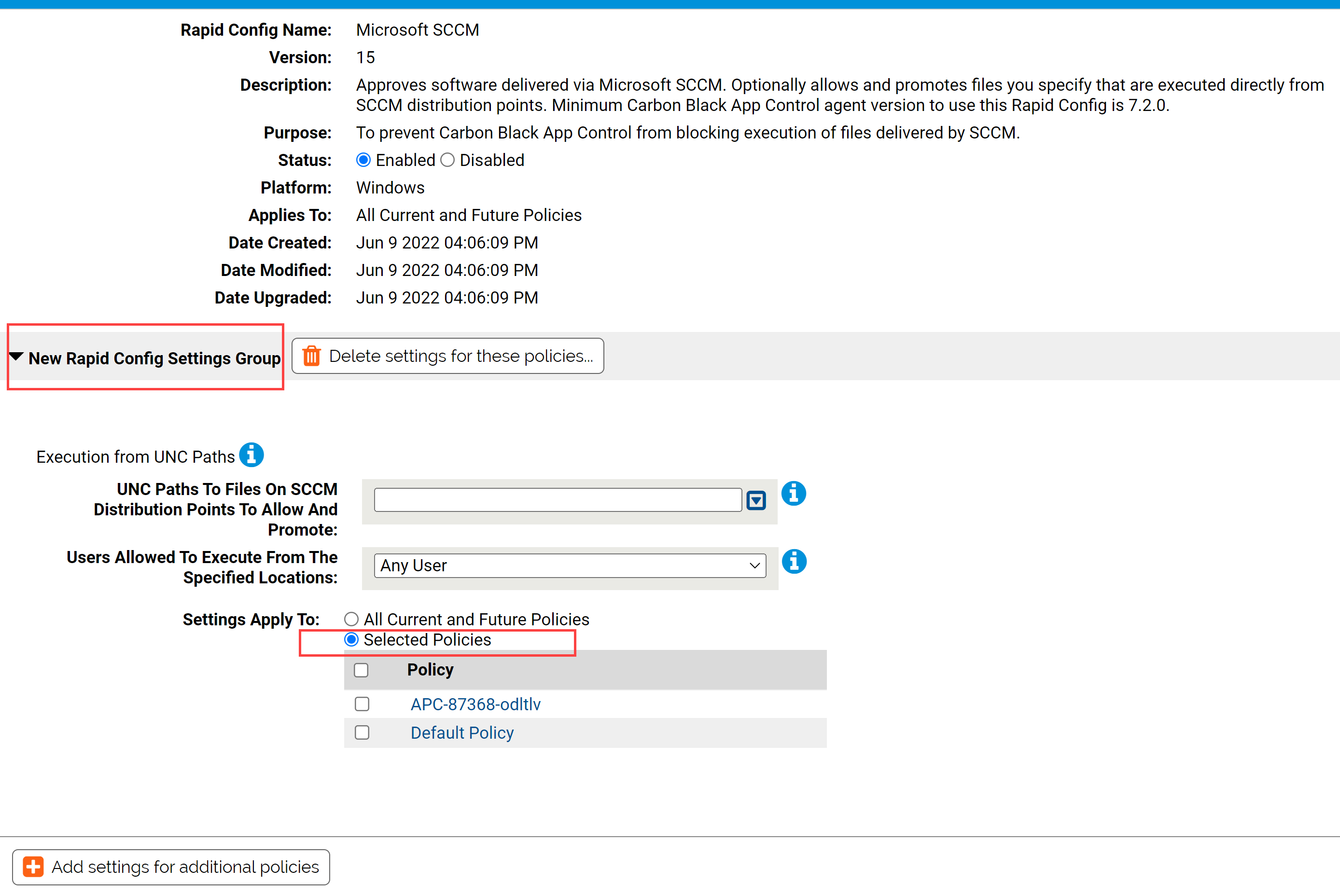 The New Rapid Config Settings Group showing the Settings Apply to field with the Selected Policies option selected