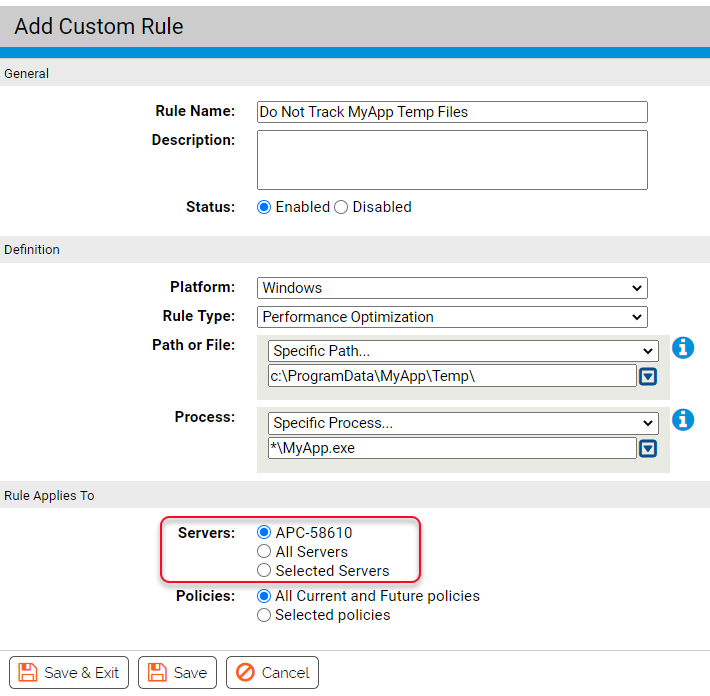 The servers field on the Add Custom Rule page in the rule applies to panel