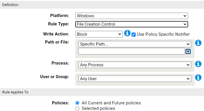 Example of adding a Custom rule with the File Creation Control rule type