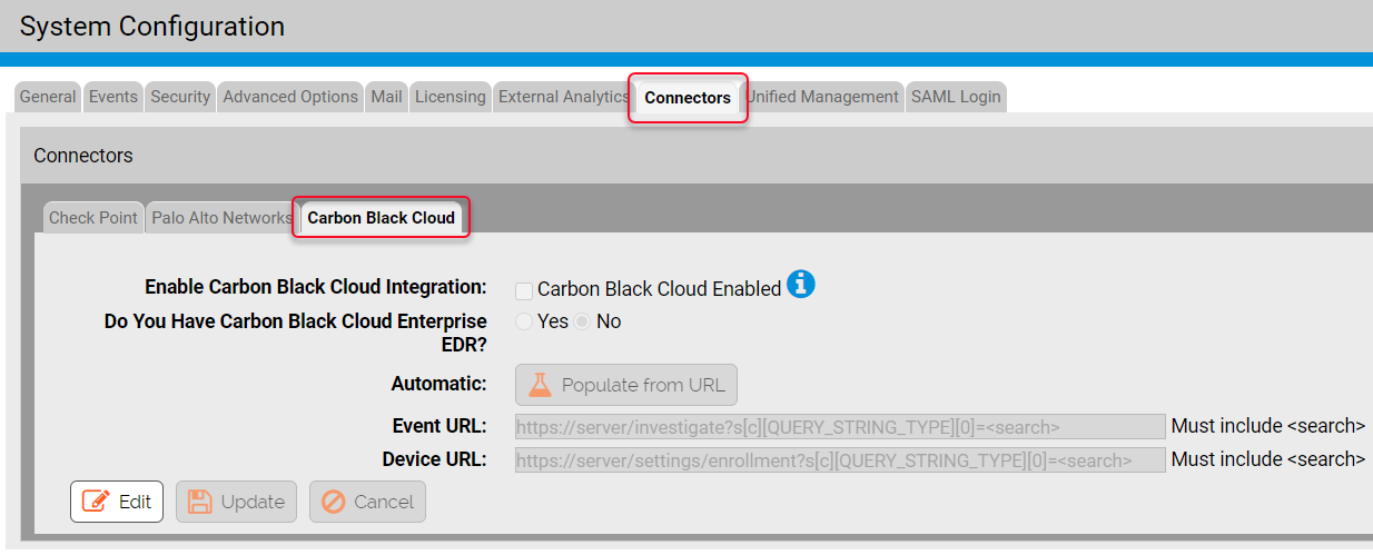 The System Configuration connectors tab showing the Carbon Black Cloud connector page