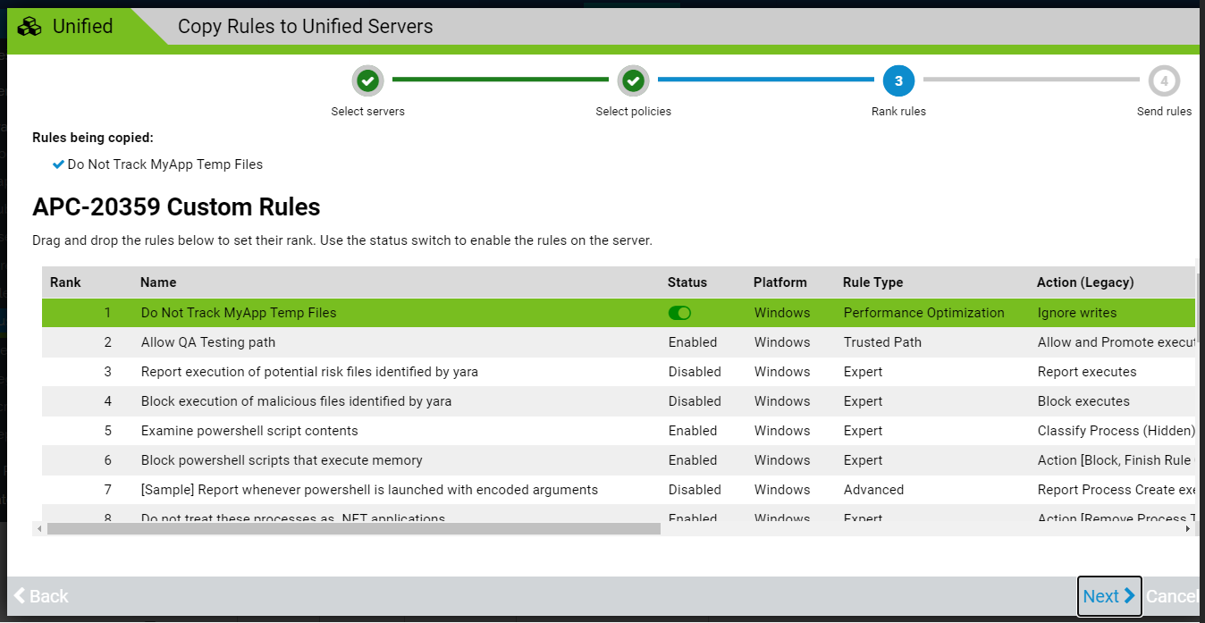 A list of selected rules on the Copy Rules to Unified Servers wizard