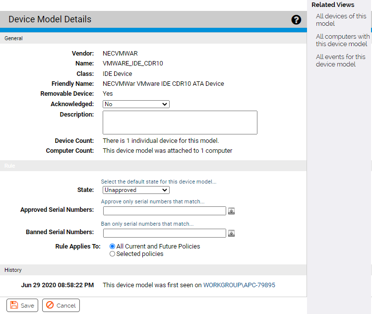 The Device model details page with the Related Views menu