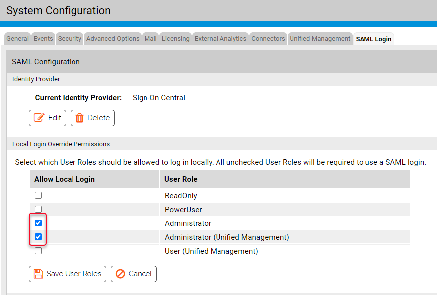 The SAML Configuration page showing the User Role administrator check boxes selected to allow local login