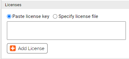The paste license key radio button with a text box for the license key and the option to add the license