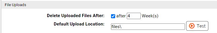 The file uploads section showing the setting to delete uploaded files after a selected number of weeks