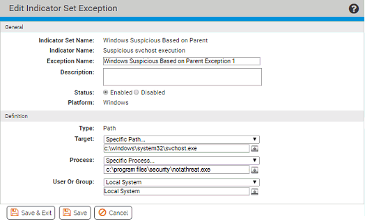 The Indicator Set Exception Details page
