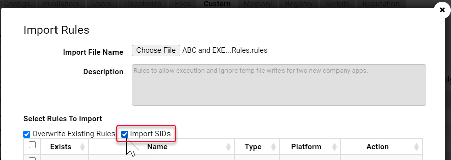 The Import Rules dialog with the Import SIDs option checked.