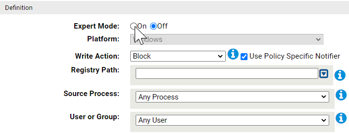 The Location of the On radio button for enabling the expert mode interface for memory rules