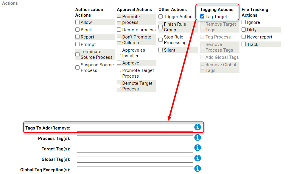 The selected Tag Target action and the Tags to Add/Remove field.