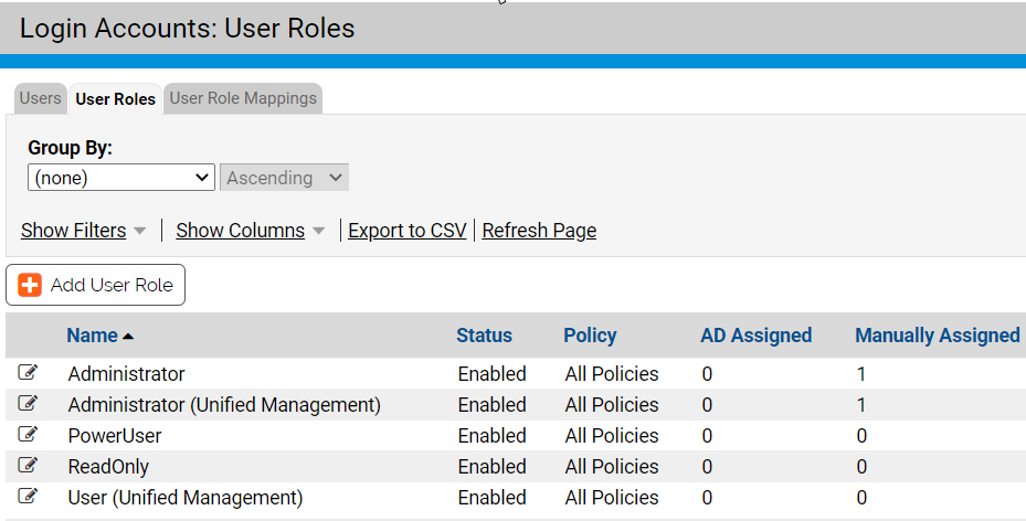 The User Roles tab on the Login Accounts page