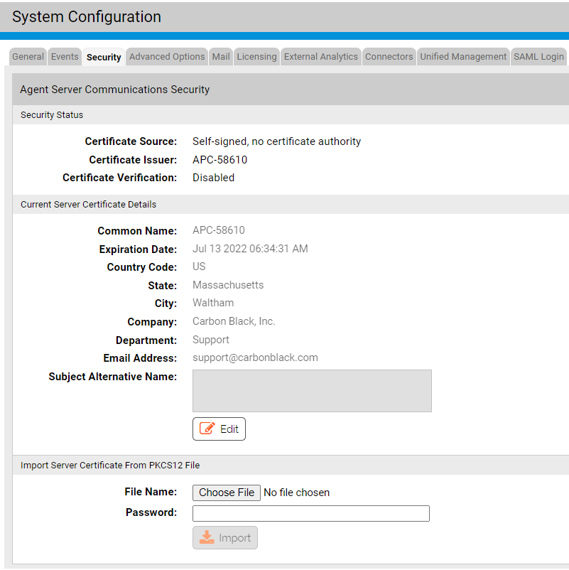 The Security tab of the System Configuration