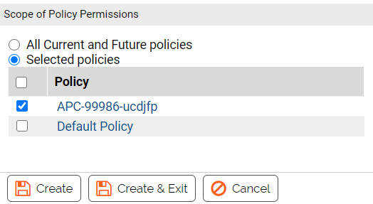 The Scope of Policy Permissions settings showing the Selected Policies