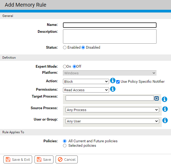 The Add Memory Rule page showing the fields to be updated