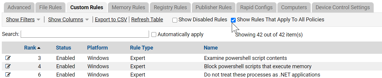 The Custom Rules tab showing the Show Rules that Apply to All Policies option selected
