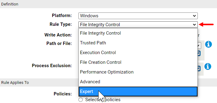 The location of the Expert option for enabling the expert interface for custom rules