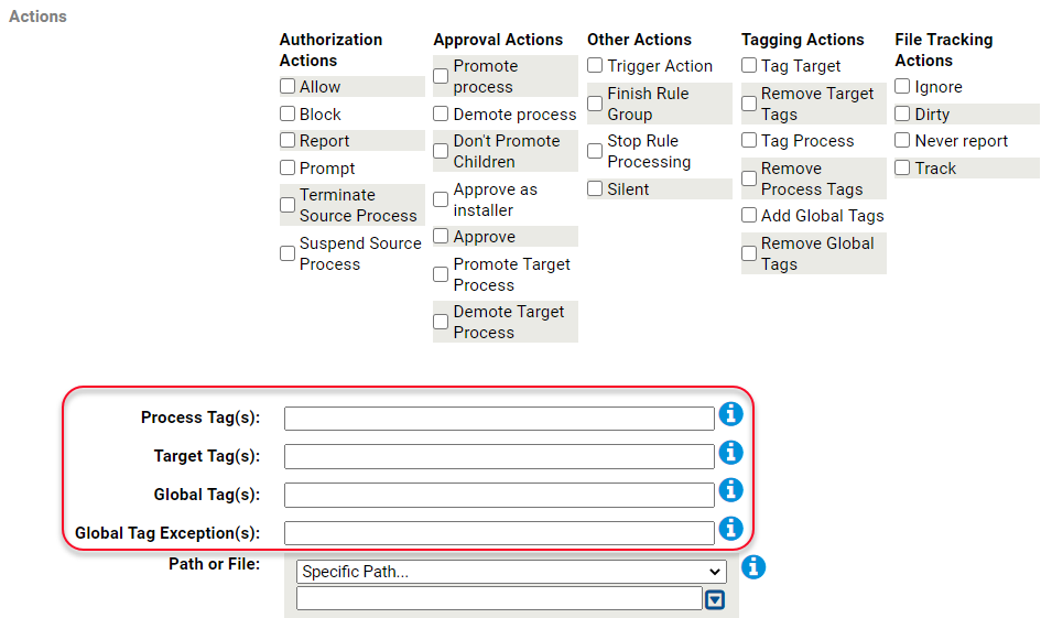 The Actions list for an Expert rule and the tags fields highlighted.