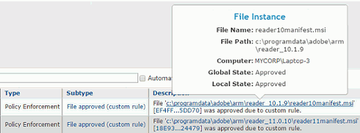 The File Instance summary information for a selected item