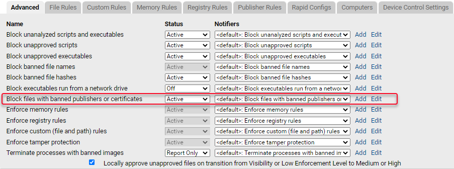 The Advanced Settings tab with the Block files with banned publishers or certificates field highlighted