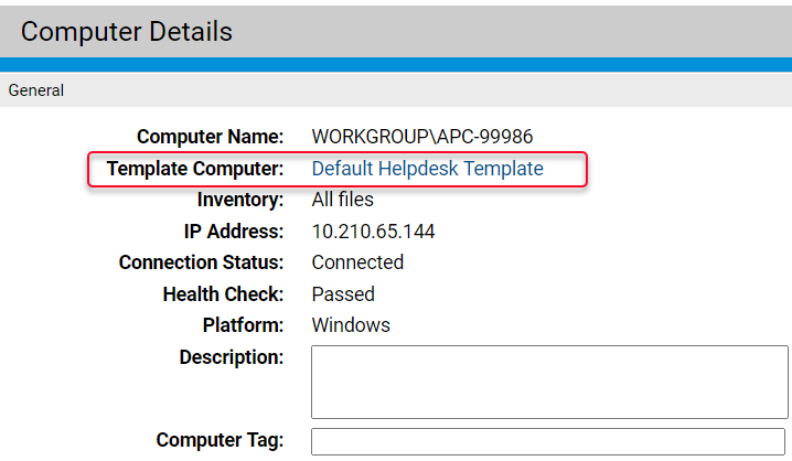 The Computer Details page for a cloned computer with the template computer field highlighted