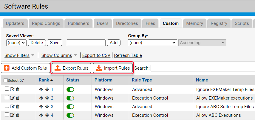 The location of the Export Rules and Import Rules buttons on the Custom tab of the Software Rules page