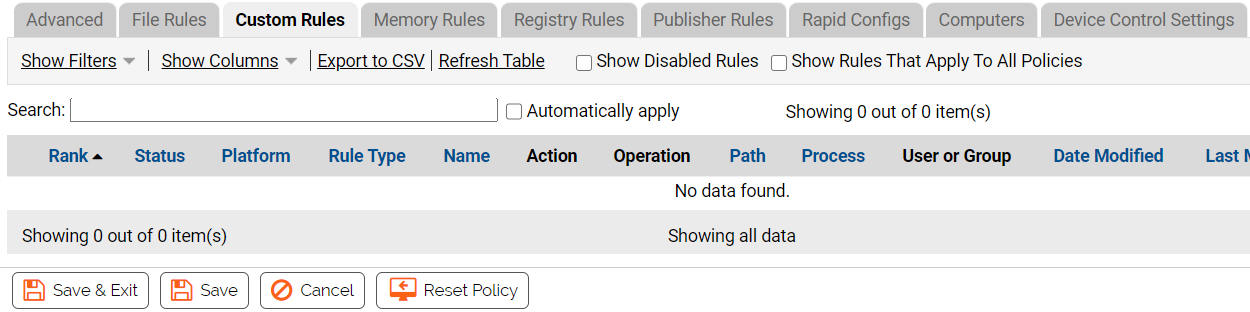 The rules tabs with the Custom Rules tab selected