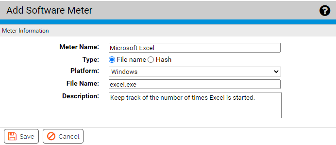 The Add Software Meter page with a meter to monitor executions of Microsoft Excel