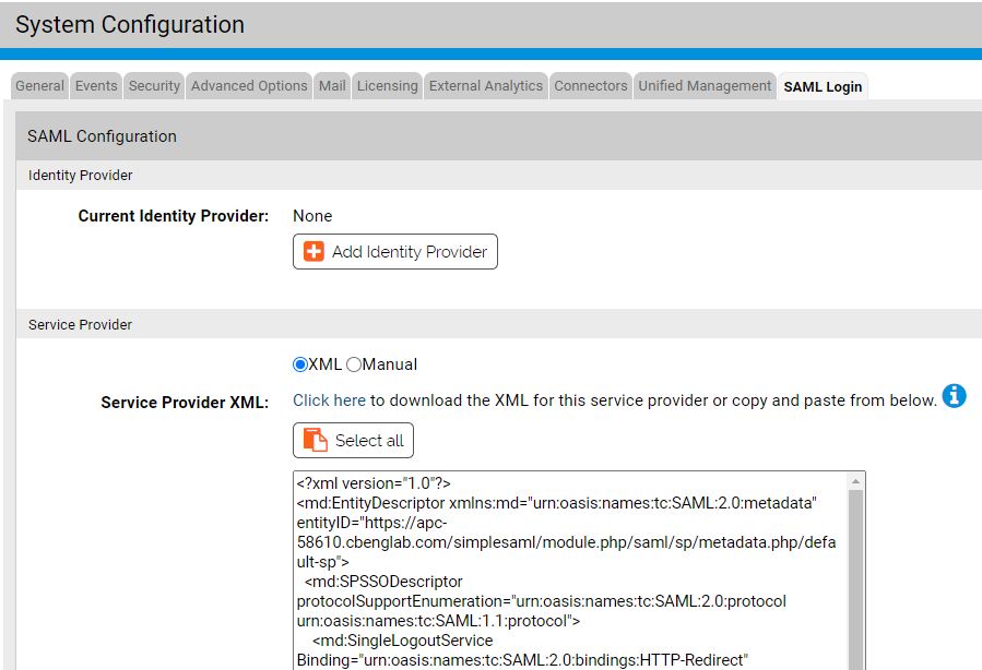 The SAML Configuration page