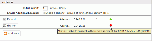 The Appliance panel showing the status indicator next to an appliance address