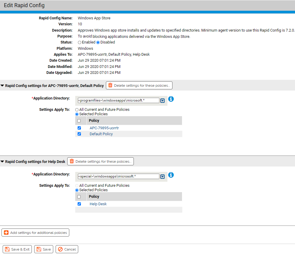 The Edit Rapid Config page showing the Rapid Config settings for the policies you selected