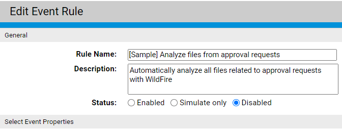 The Edit Event Rule page with the Simulate only option for the Status field.