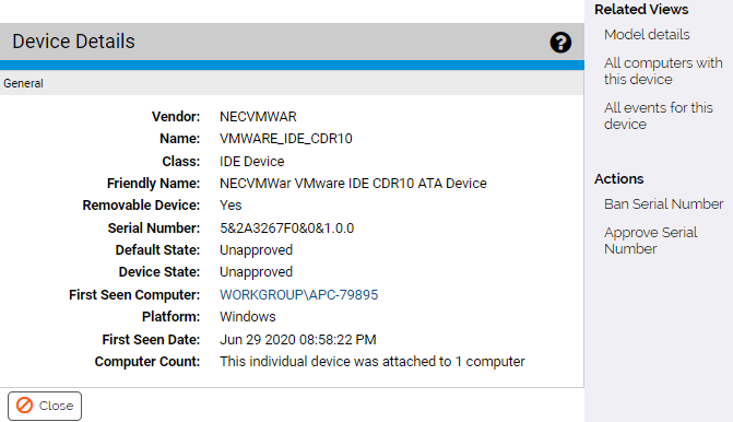 The Device details page with the Related Views menu