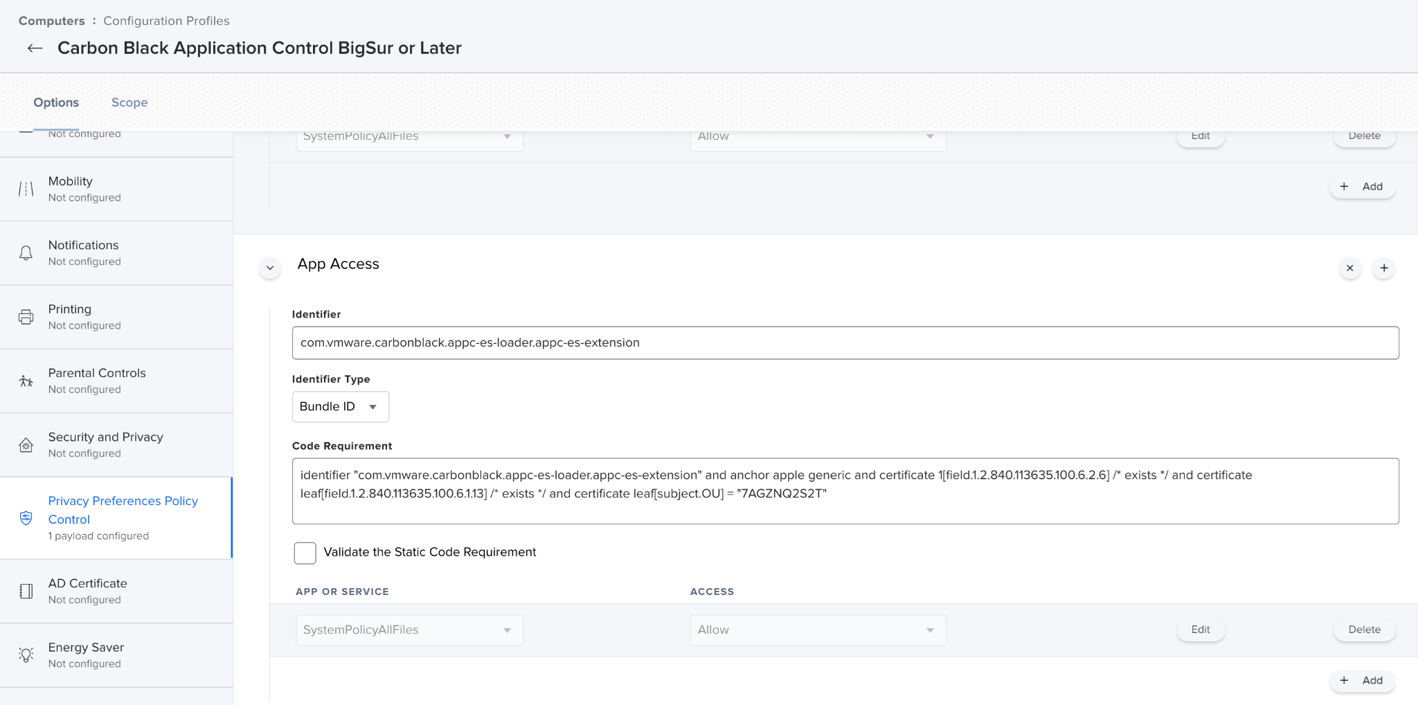 The Privacy Preferences Policy Control section with the first App Access sub-payload added from the details in the table above