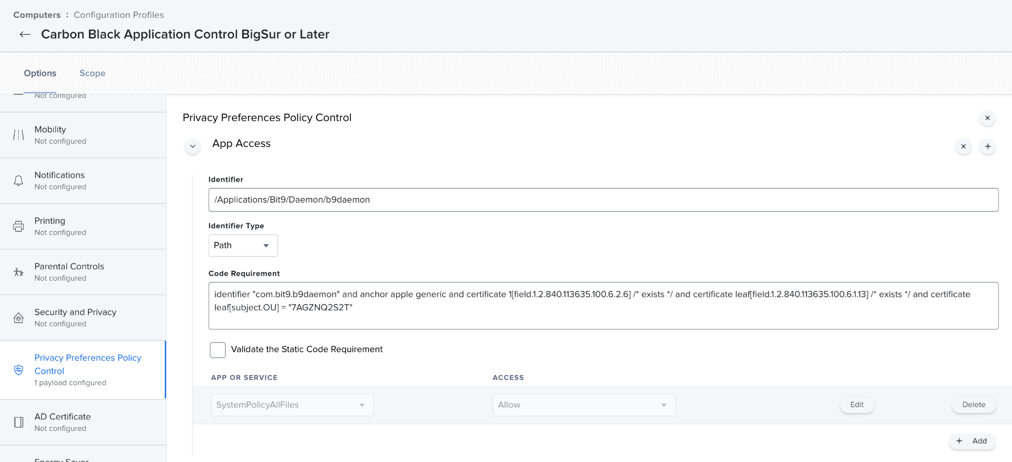 The Privacy Preferences Policy Control section with the last App Access sub-payload added from the details in the table above