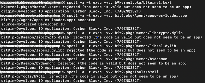 The verification results for all binaries in the Bit9Agent package using the spctl command